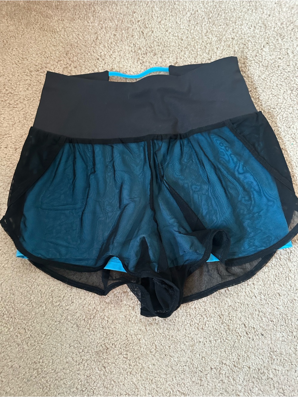 Blue and Black Mesh Overlay Crop Top with Teal Lining